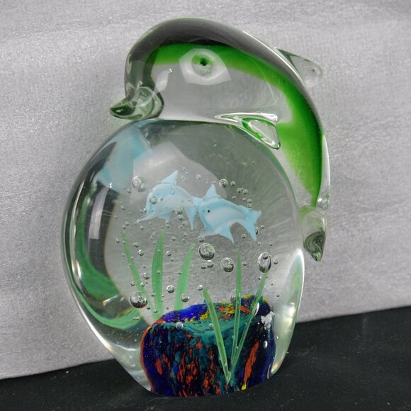 Heavy Murano Style Art Glass Hand Blown Undersea Fish Dolphins Paperweight 4.5” - Picture 1 of 4